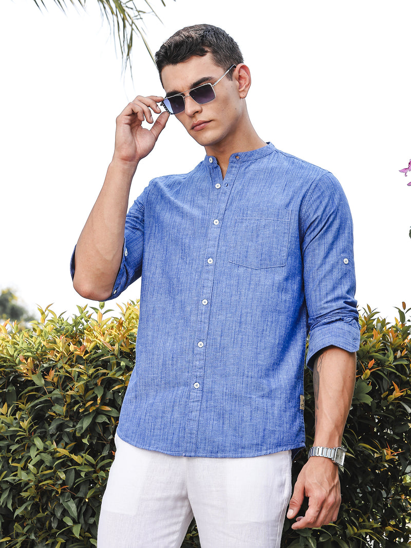 Thomas Scott Men DarkBlue Slim Fit Long Sleeves Mandarin Collar Linen Casual Shirt