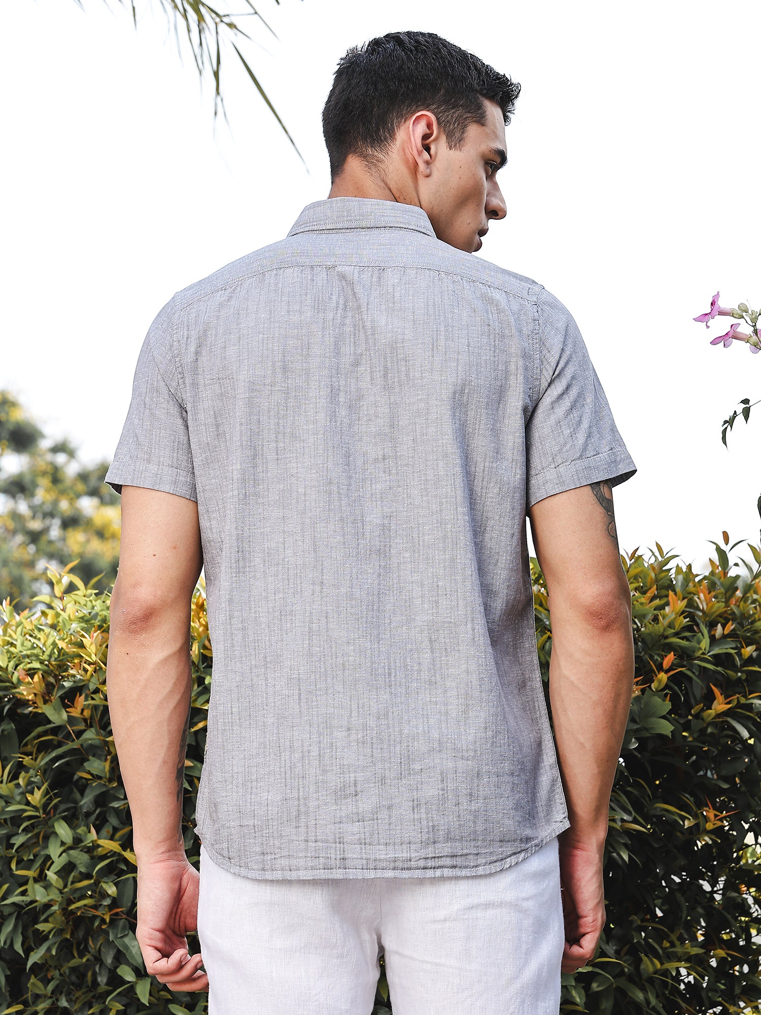 Thomas Scott Men Grey Slim Fit Short Sleeves Spread Collar Linen Casual Shirt