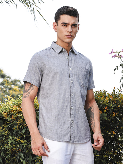 Thomas Scott Men Grey Slim Fit Short Sleeves Spread Collar Linen Casual Shirt