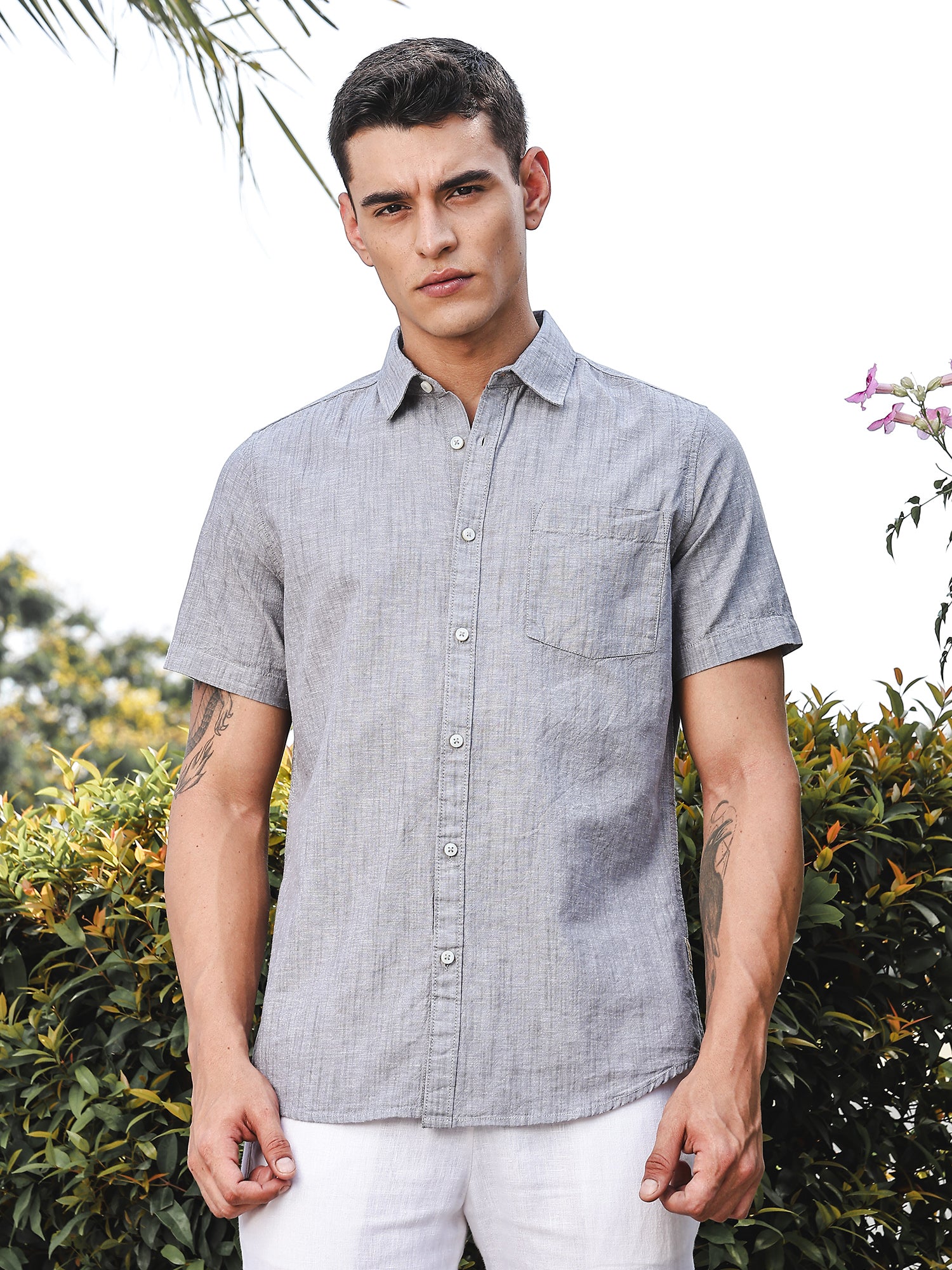 Thomas Scott Men Grey Slim Fit Short Sleeves Spread Collar Linen Casual Shirt