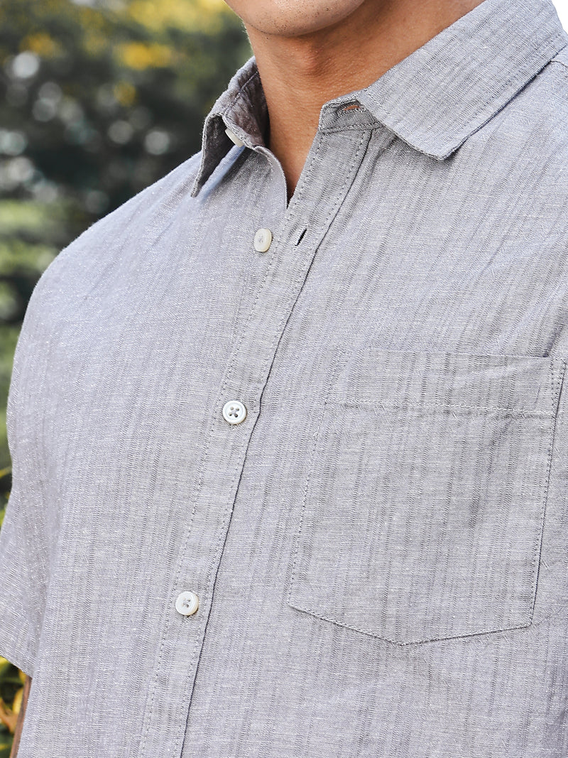 Thomas Scott Men Grey Slim Fit Short Sleeves Spread Collar Linen Casual Shirt