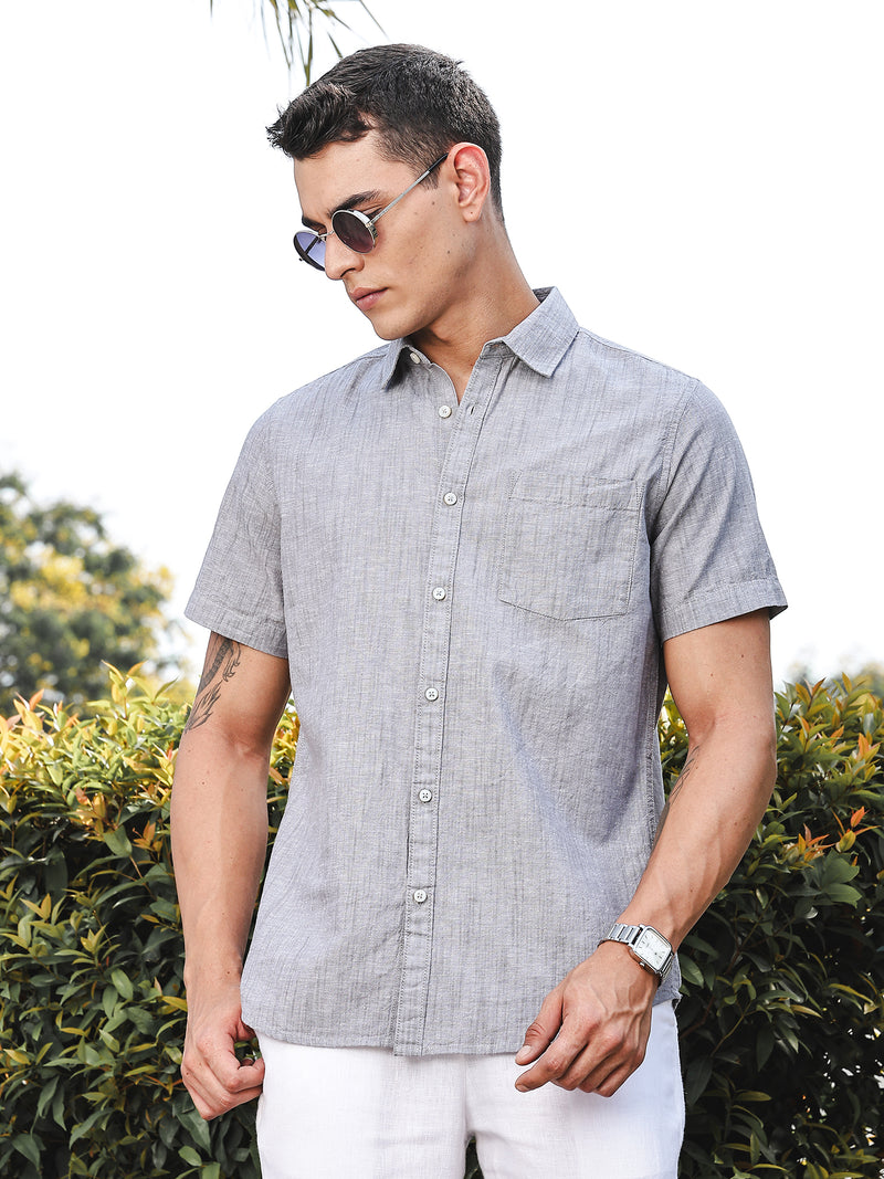 Thomas Scott Men Grey Slim Fit Short Sleeves Spread Collar Linen Casual Shirt