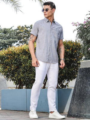 Grey Slim Fit Short Sleeves Spread Collar Linen Casual Shirt For Men