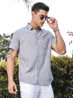 Grey Slim Fit Short Sleeves Spread Collar Linen Casual Shirt For Men