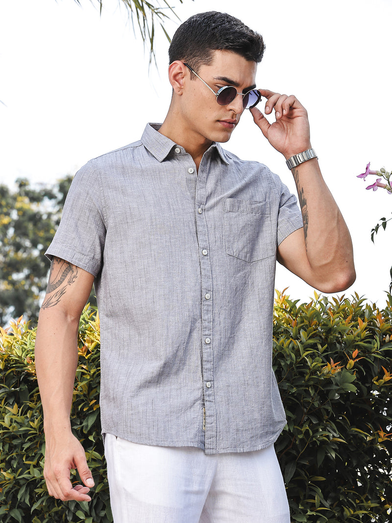 Thomas Scott Men Grey Slim Fit Short Sleeves Spread Collar Linen Casual Shirt