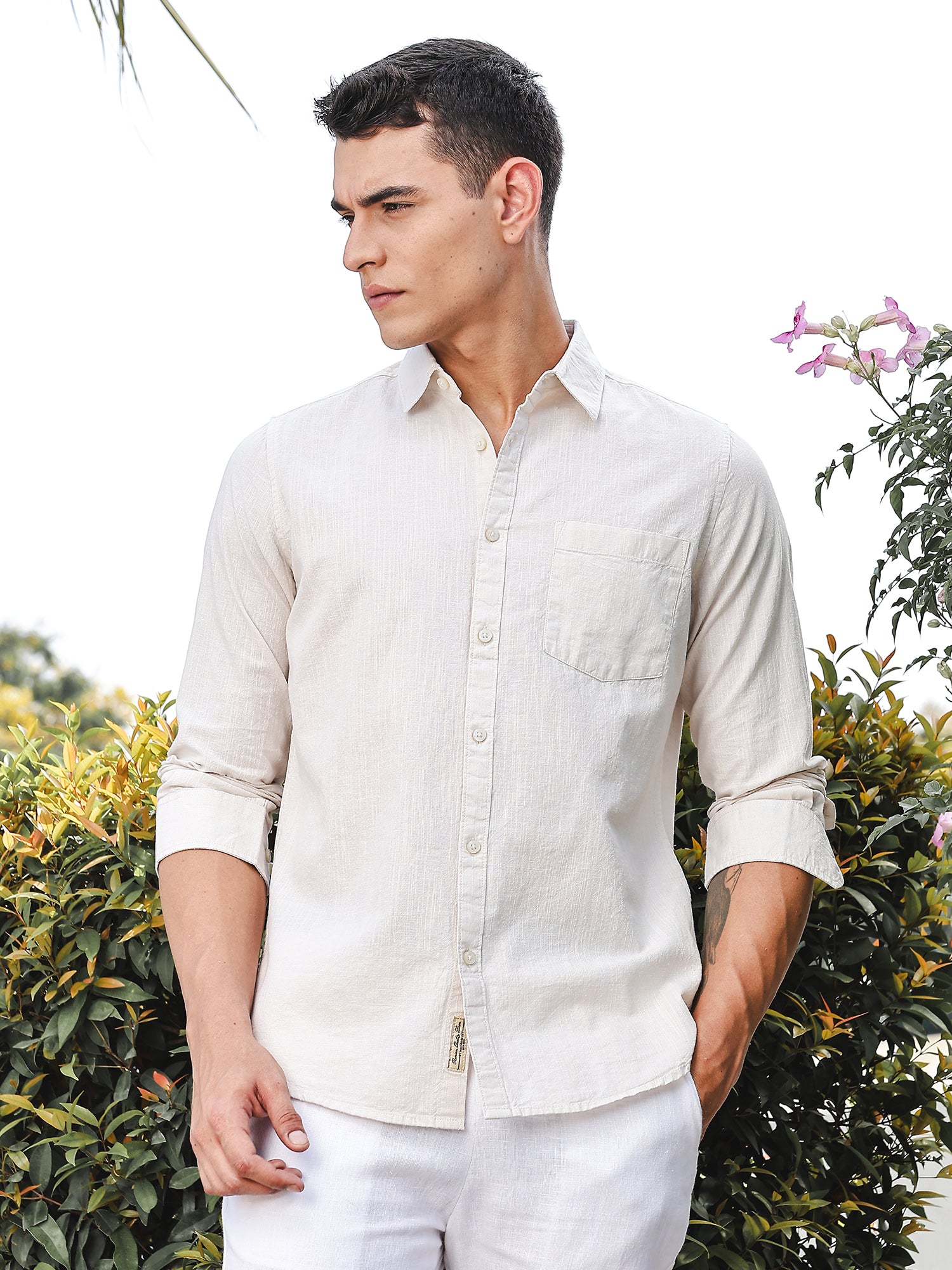 Thomas Scott Men Cream Slim Fit Long Sleeves Spread Collar Linen Casual Shirt