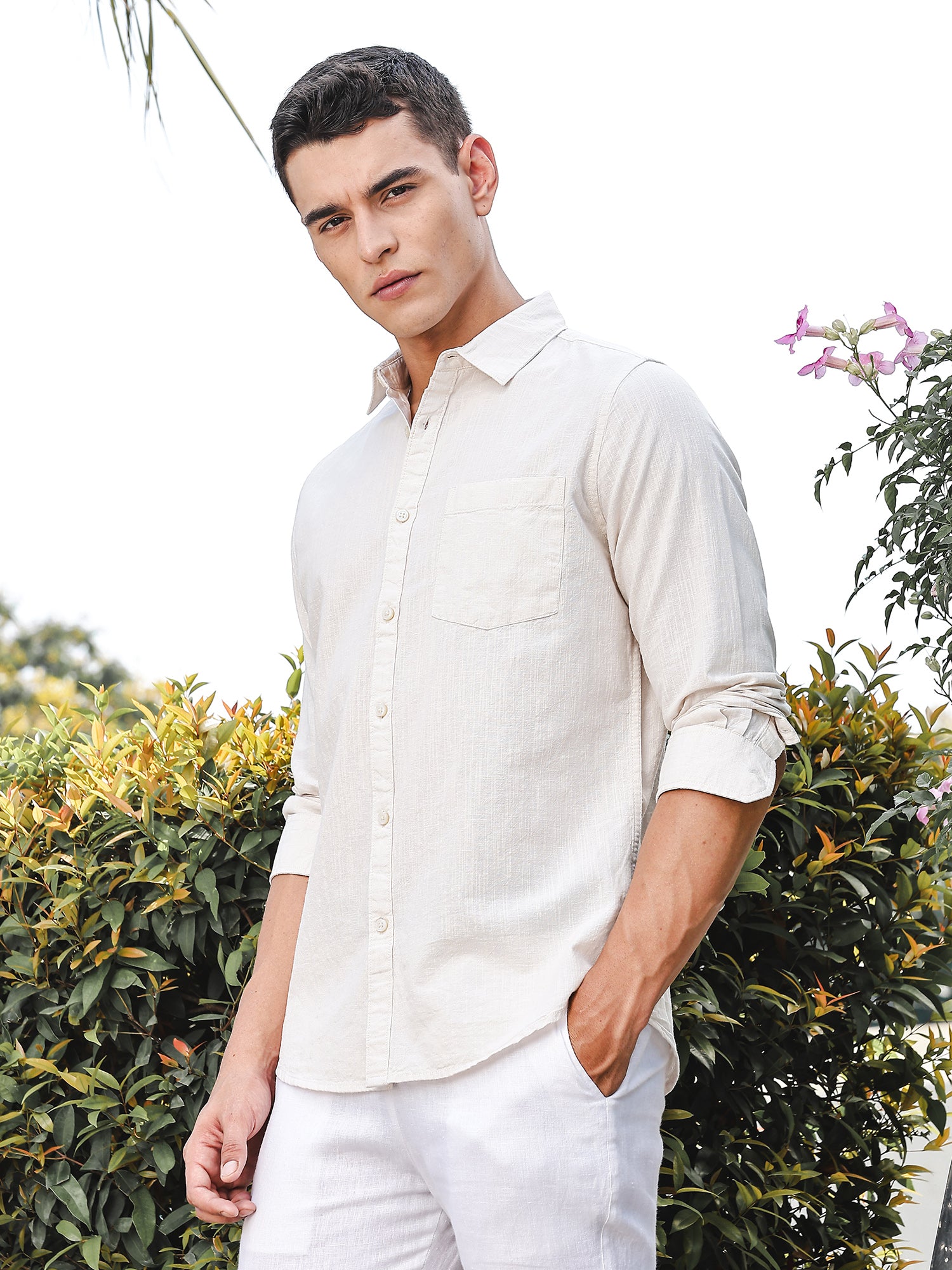 Thomas Scott Men Cream Slim Fit Long Sleeves Spread Collar Linen Casual Shirt