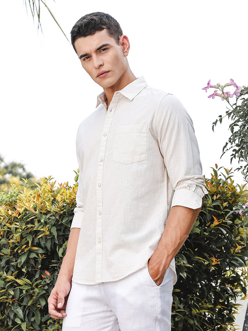 Thomas Scott Men Cream Slim Fit Long Sleeves Spread Collar Linen Casual Shirt