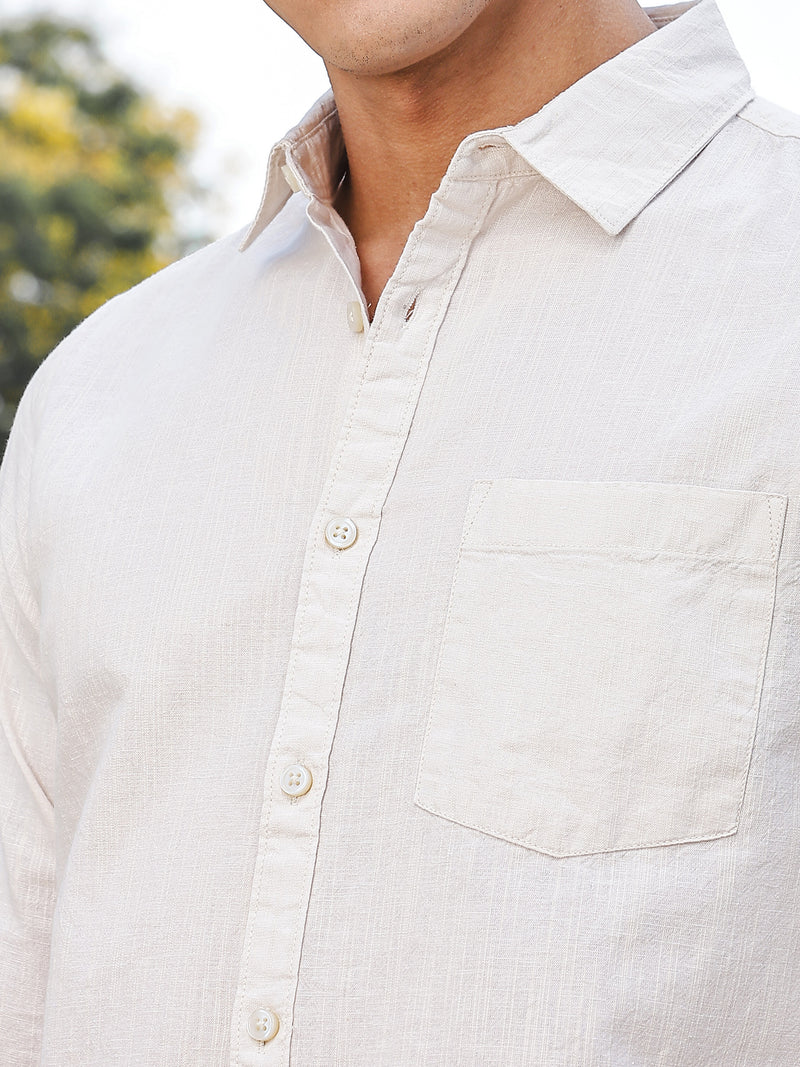 Thomas Scott Men Cream Slim Fit Long Sleeves Spread Collar Linen Casual Shirt