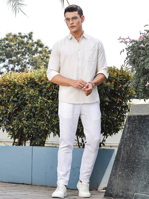 Cream Slim Fit Long Sleeves Spread Collar Linen Casual Shirt For Men