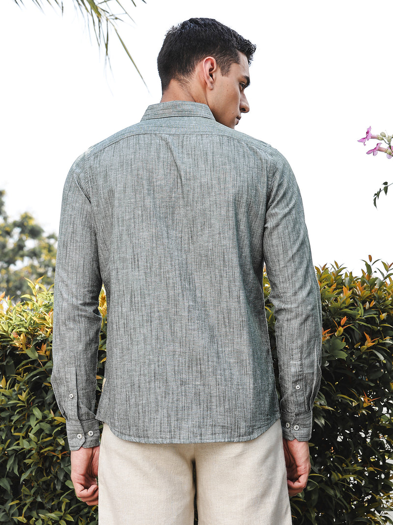 Thomas Scott Men BottleGreen Slim Fit Long Sleeves Spread Collar Linen Casual Shirt