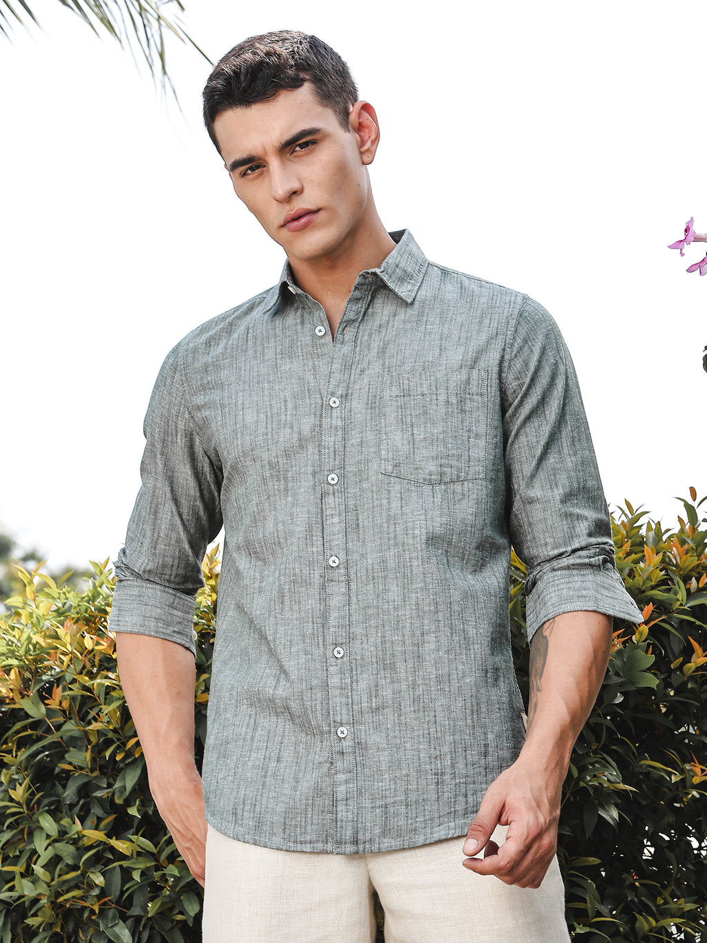 Thomas Scott Men BottleGreen Slim Fit Long Sleeves Spread Collar Linen Casual Shirt