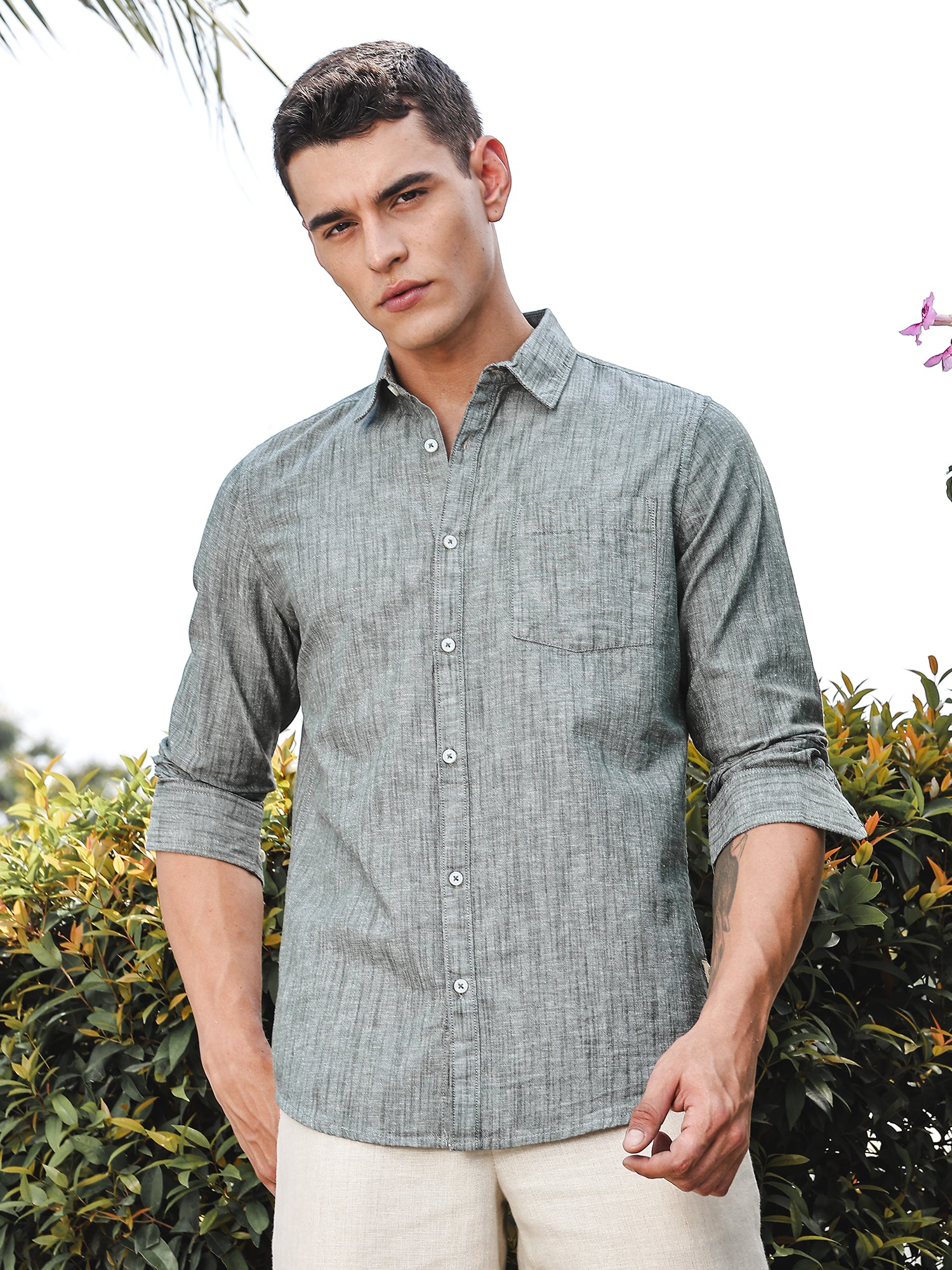 Thomas Scott Men BottleGreen Slim Fit Long Sleeves Spread Collar Linen Casual Shirt