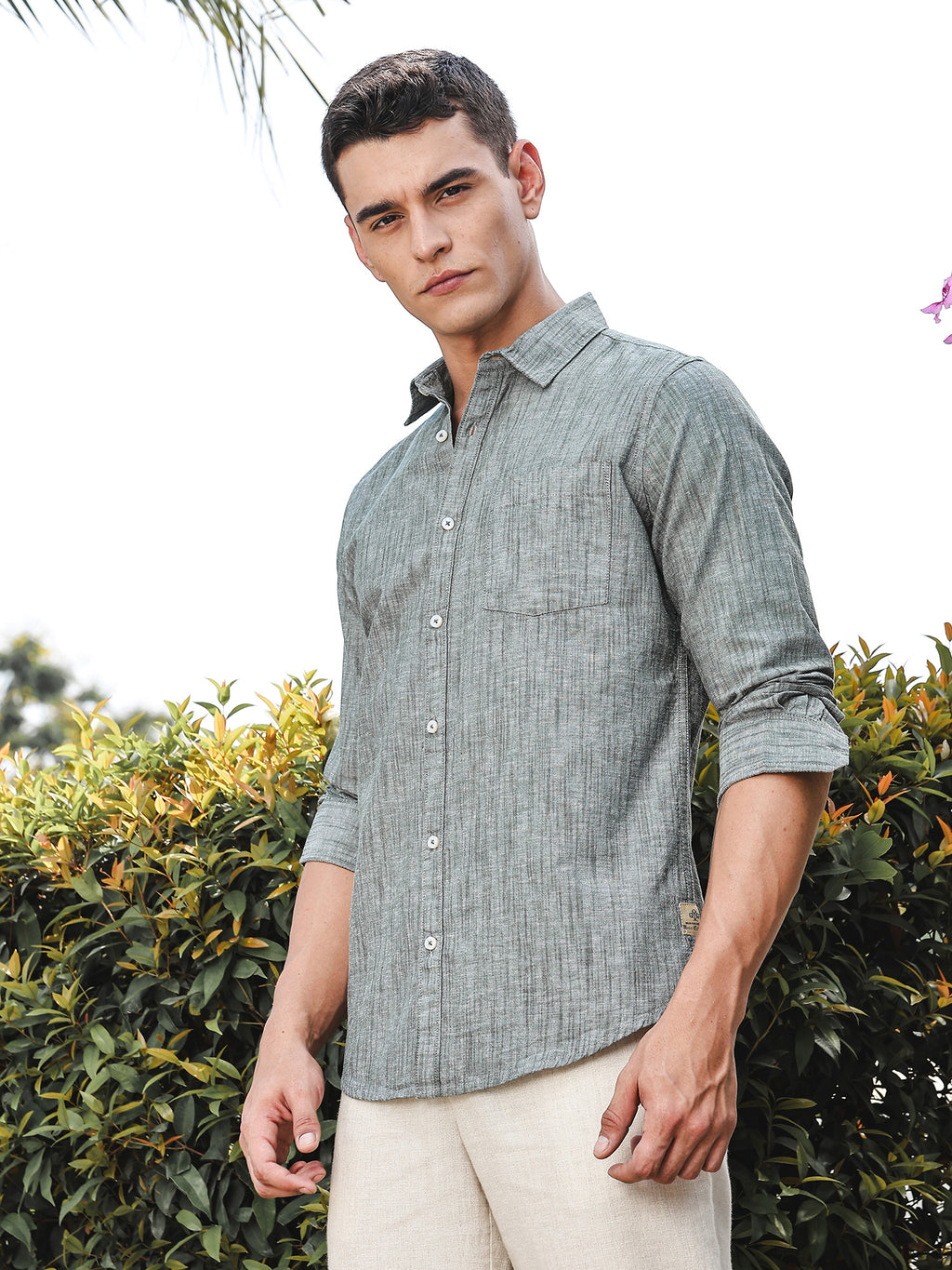 Thomas Scott Men BottleGreen Slim Fit Long Sleeves Spread Collar Linen Casual Shirt