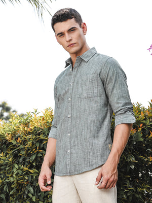 Thomas Scott Men BottleGreen Slim Fit Long Sleeves Spread Collar Linen Casual Shirt