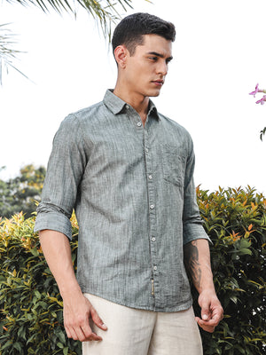 Thomas Scott Men BottleGreen Slim Fit Long Sleeves Spread Collar Linen Casual Shirt
