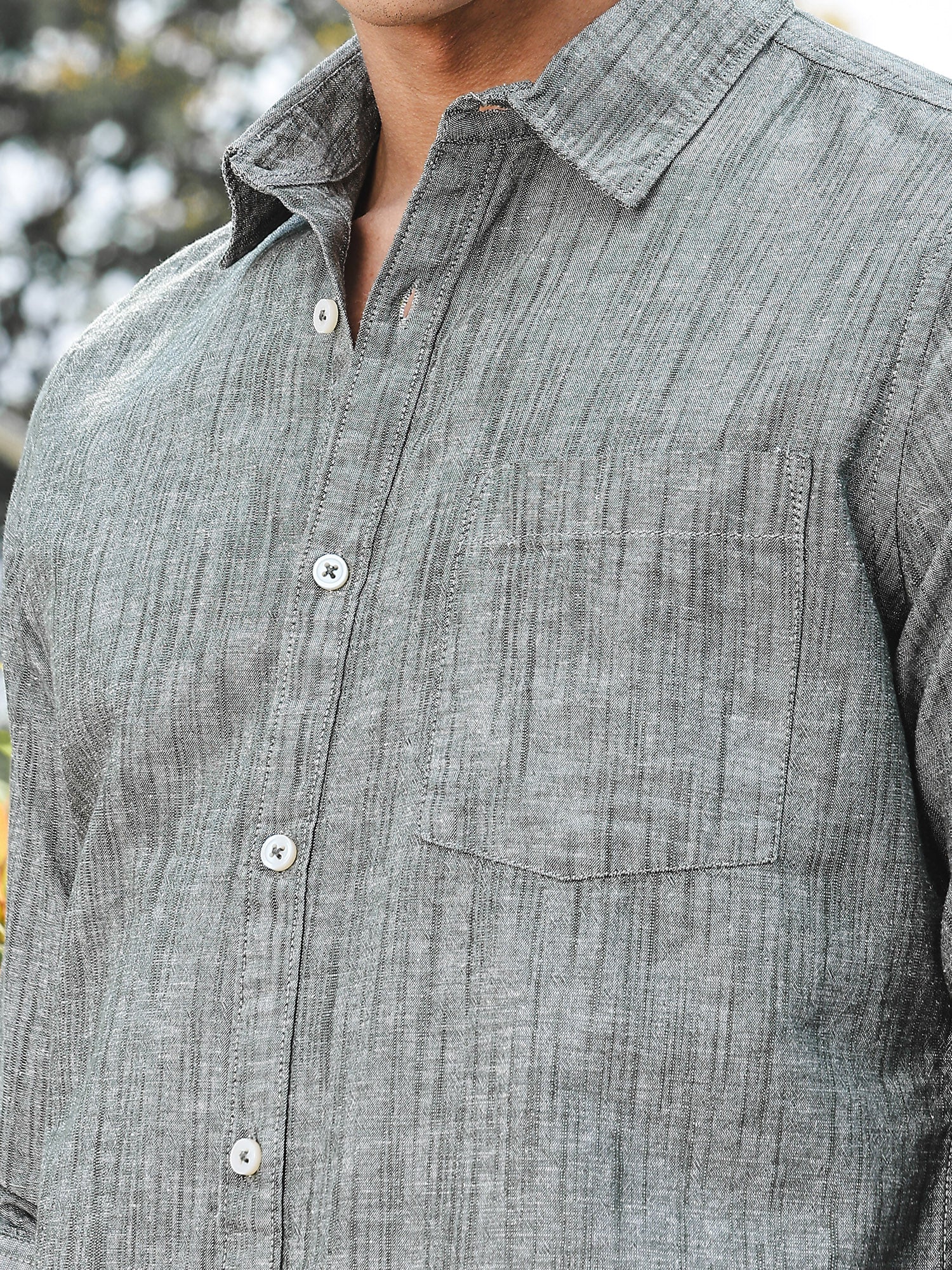 Thomas Scott Men BottleGreen Slim Fit Long Sleeves Spread Collar Linen Casual Shirt