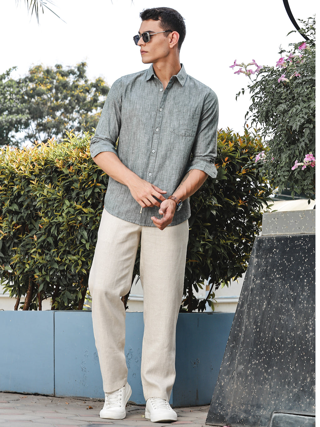 Thomas Scott Men BottleGreen Slim Fit Long Sleeves Spread Collar Linen Casual Shirt