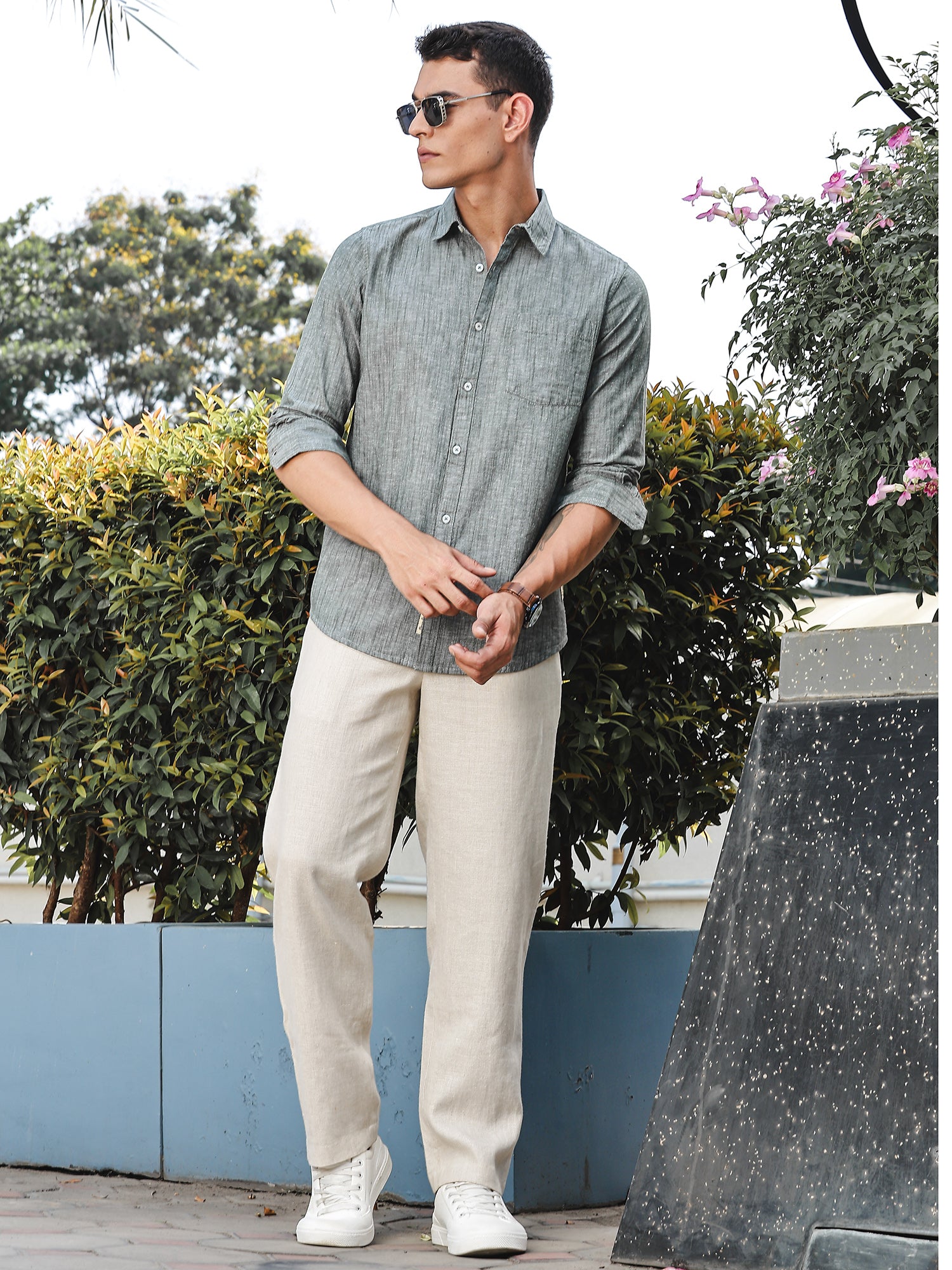 Thomas Scott Men BottleGreen Slim Fit Long Sleeves Spread Collar Linen Casual Shirt