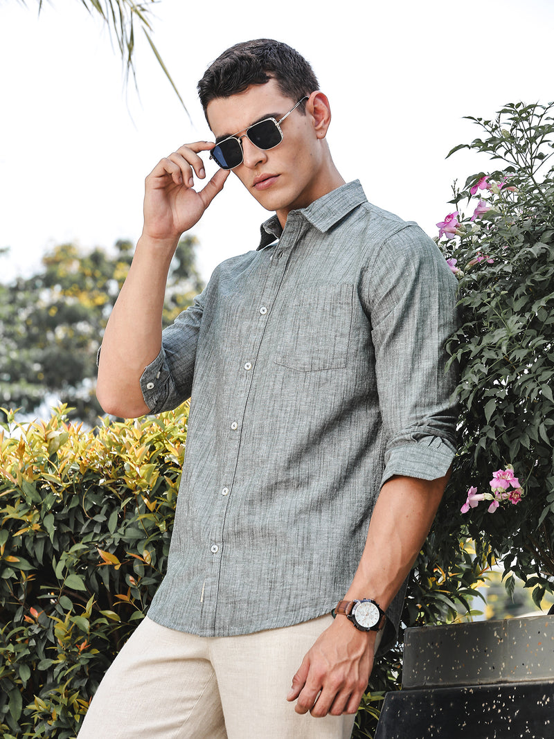 Thomas Scott Men BottleGreen Slim Fit Long Sleeves Spread Collar Linen Casual Shirt