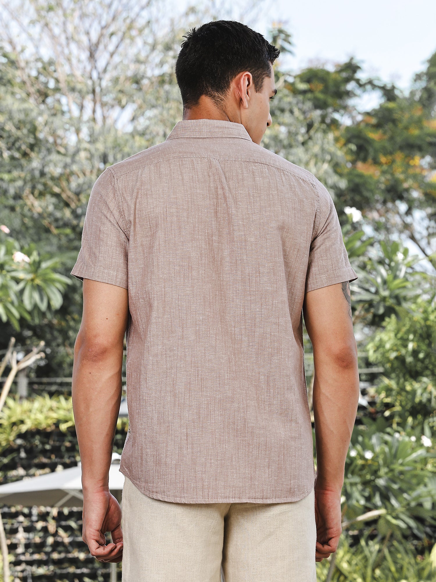 Thomas Scott Men Brown Slim Fit Short Sleeves Spread Collar Linen Casual Shirt