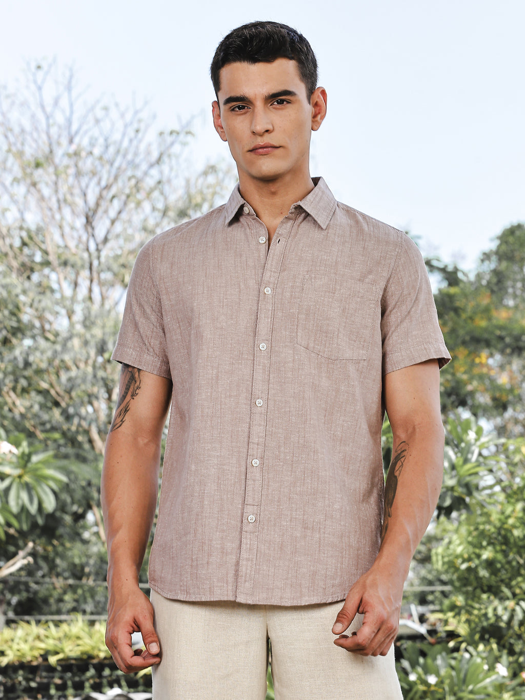 Thomas Scott Men Brown Slim Fit Short Sleeves Spread Collar Linen Casual Shirt