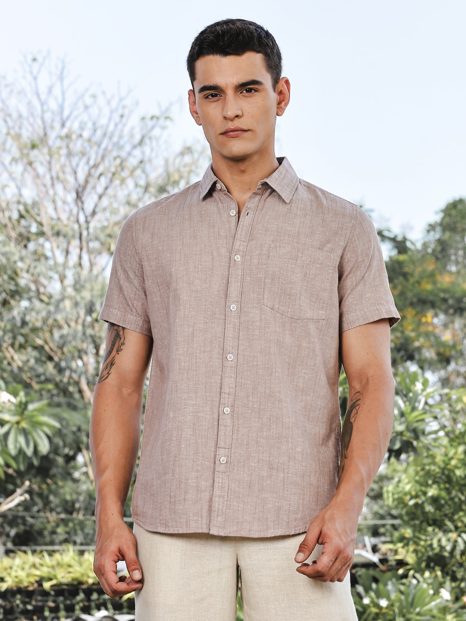 Thomas Scott Men Brown Slim Fit Short Sleeves Spread Collar Linen Casual Shirt