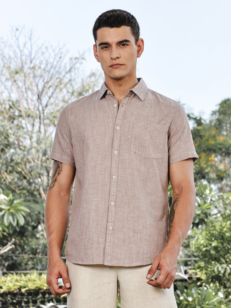 Thomas Scott Men Brown Slim Fit Short Sleeves Spread Collar Linen Casual Shirt