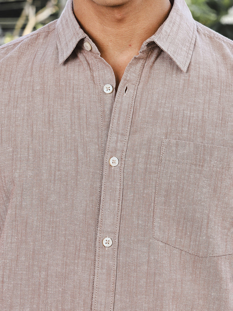 Thomas Scott Men Brown Slim Fit Short Sleeves Spread Collar Linen Casual Shirt