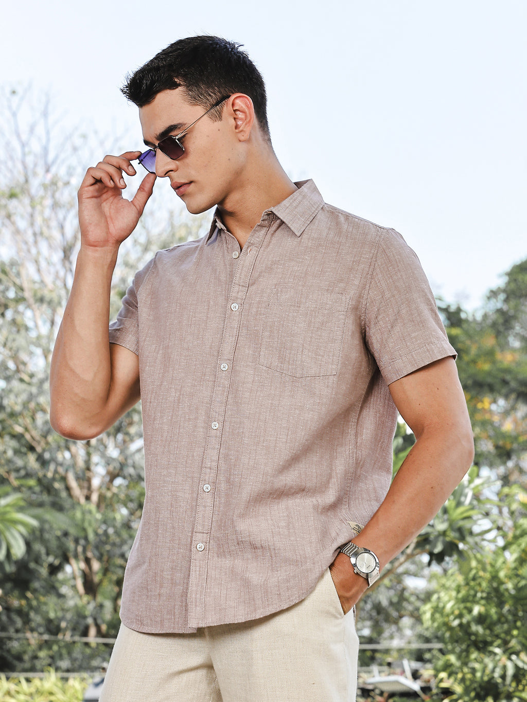 Thomas Scott Men Brown Slim Fit Short Sleeves Spread Collar Linen Casual Shirt