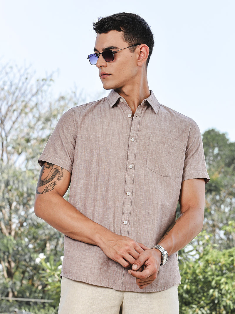 Thomas Scott Men Brown Slim Fit Short Sleeves Spread Collar Linen Casual Shirt