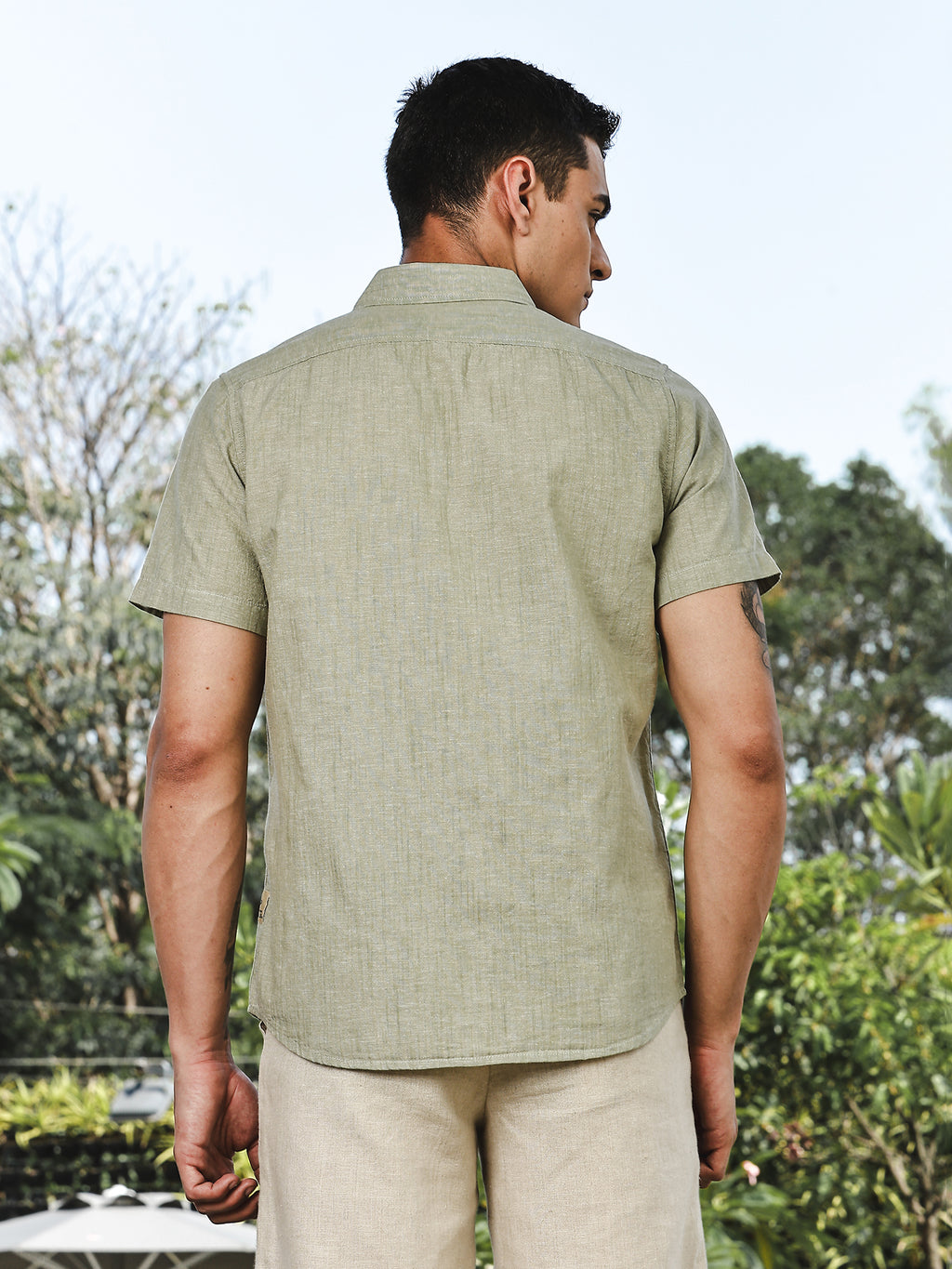 Thomas Scott Men LightOlive Slim Fit Short Sleeves Spread Collar Linen Casual Shirt