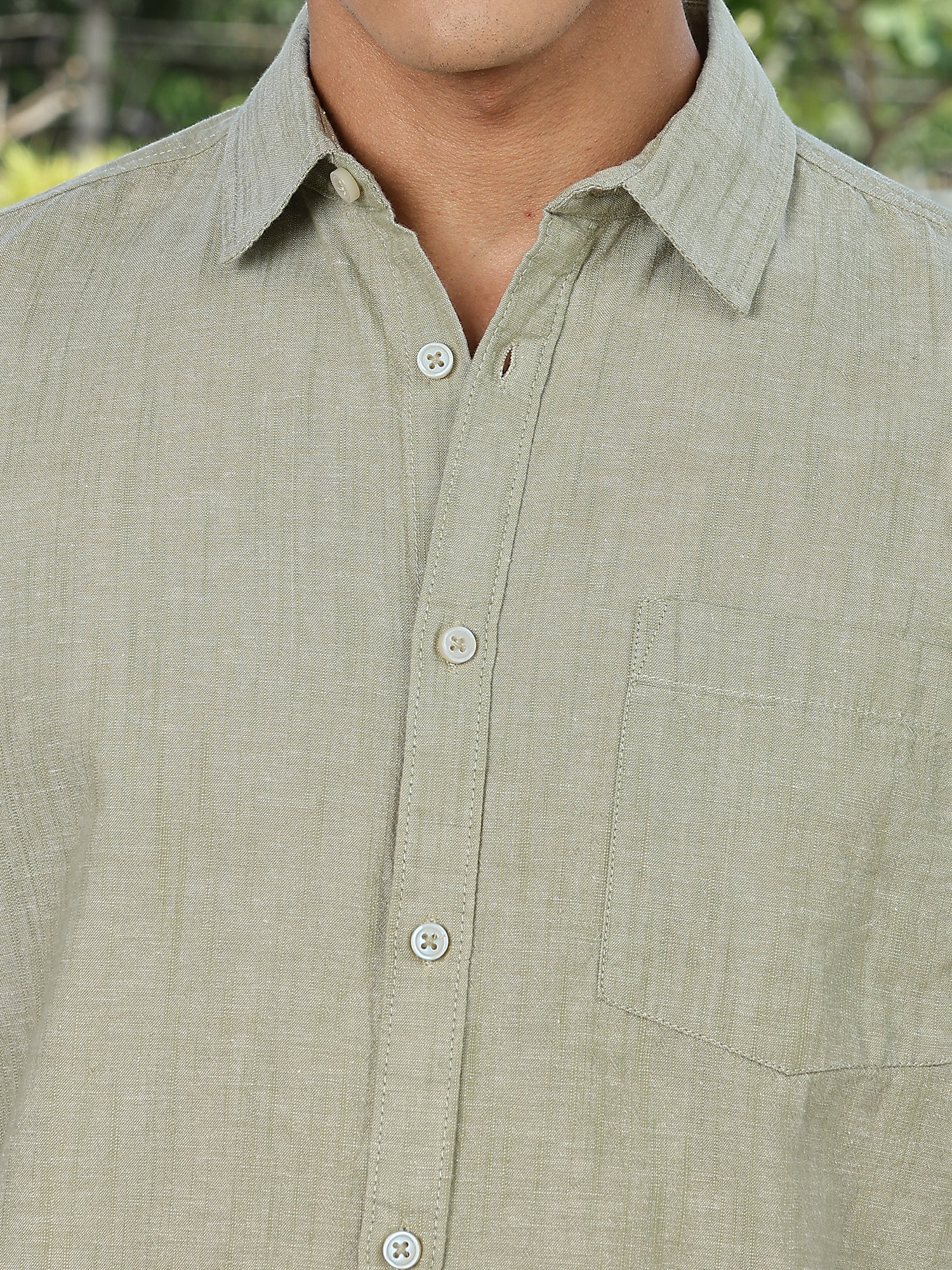 Thomas Scott Men LightOlive Slim Fit Short Sleeves Spread Collar Linen Casual Shirt