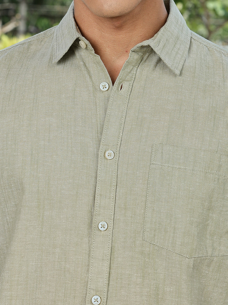 Thomas Scott Men LightOlive Slim Fit Short Sleeves Spread Collar Linen Casual Shirt
