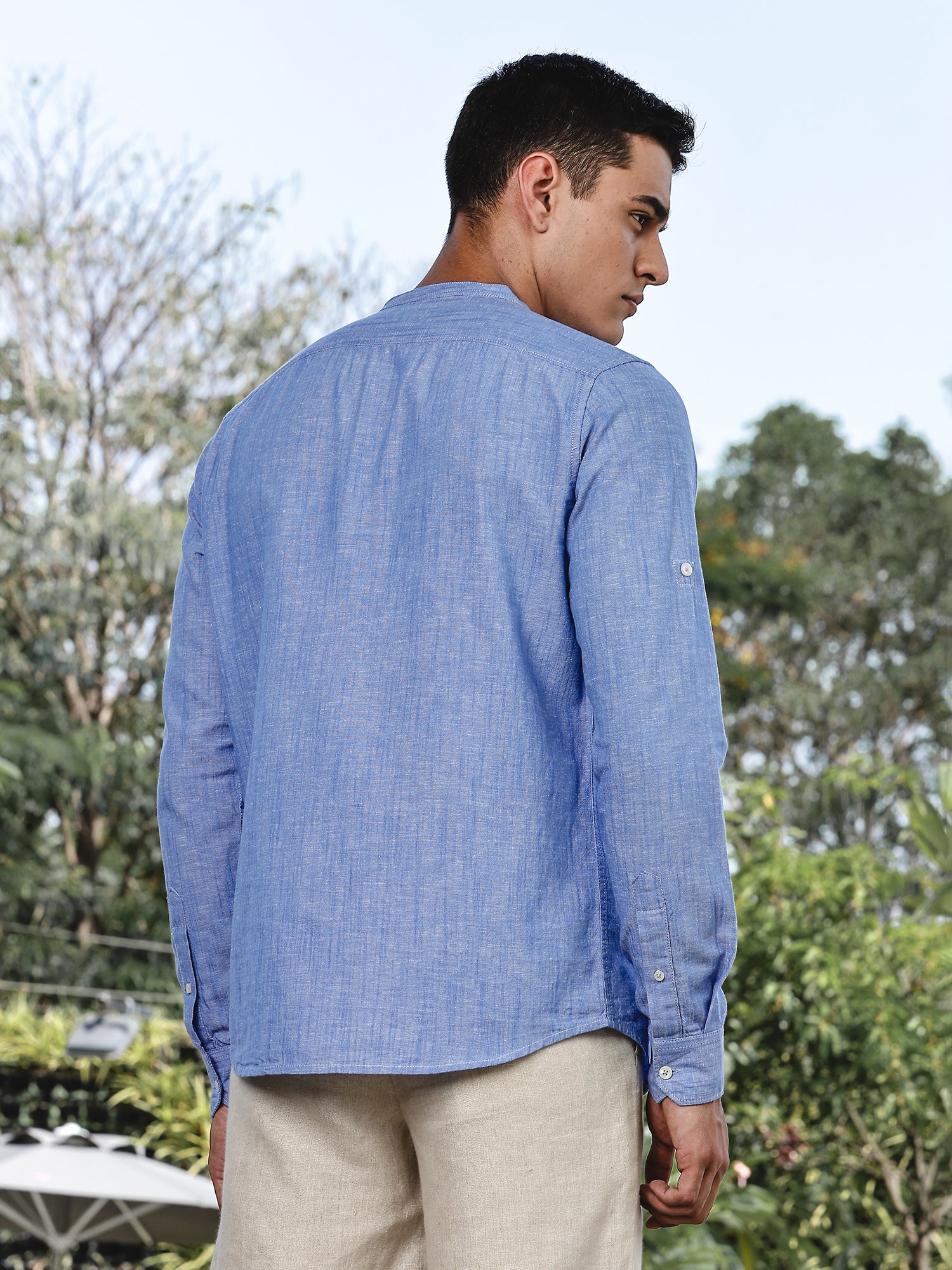 Thomas Scott Men LightBlue Slim Fit Long Sleeves Mandarin Collar Linen Casual Shirt