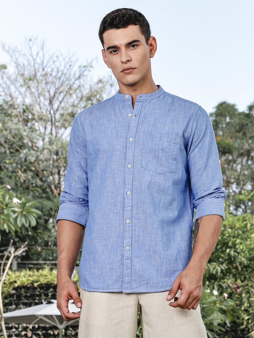 Thomas Scott Men LightBlue Slim Fit Long Sleeves Mandarin Collar Linen Casual Shirt