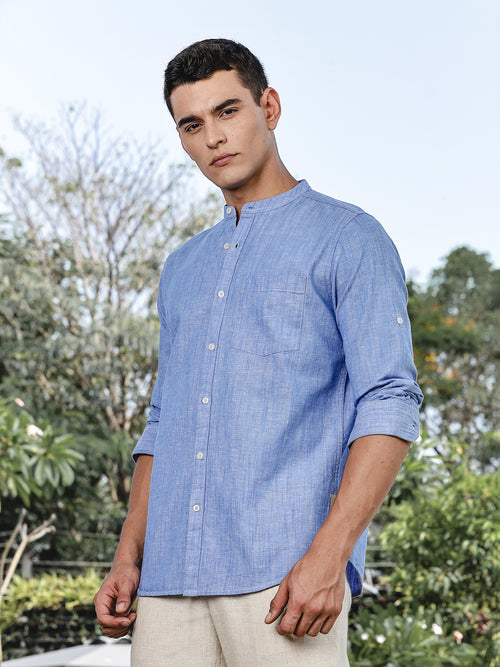 Thomas Scott Men LightBlue Slim Fit Long Sleeves Mandarin Collar Linen Casual Shirt