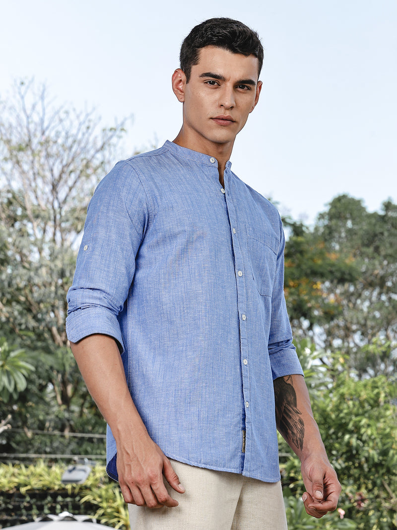 Thomas Scott Men LightBlue Slim Fit Long Sleeves Mandarin Collar Linen Casual Shirt
