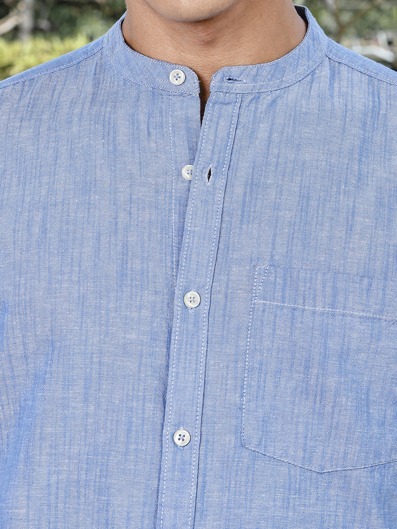 Thomas Scott Men LightBlue Slim Fit Long Sleeves Mandarin Collar Linen Casual Shirt