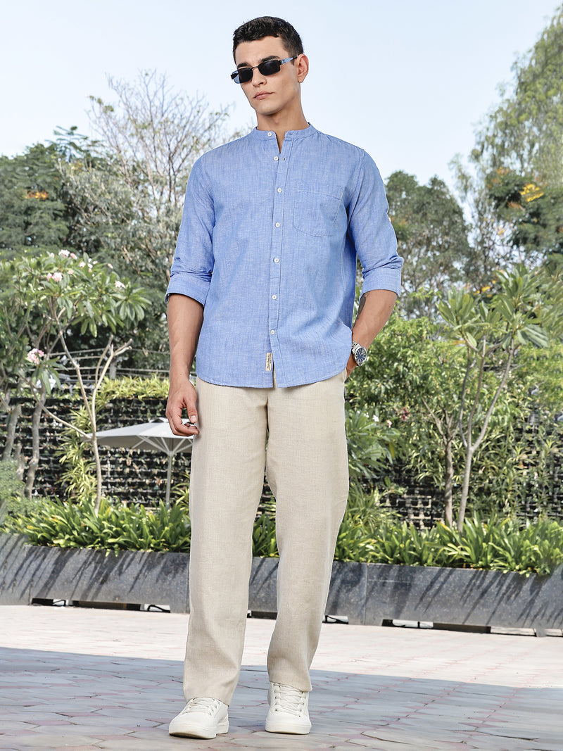 Thomas Scott Men LightBlue Slim Fit Long Sleeves Mandarin Collar Linen Casual Shirt