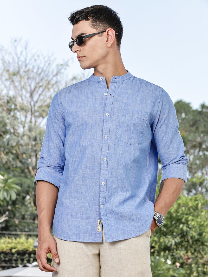 Thomas Scott Men LightBlue Slim Fit Long Sleeves Mandarin Collar Linen Casual Shirt