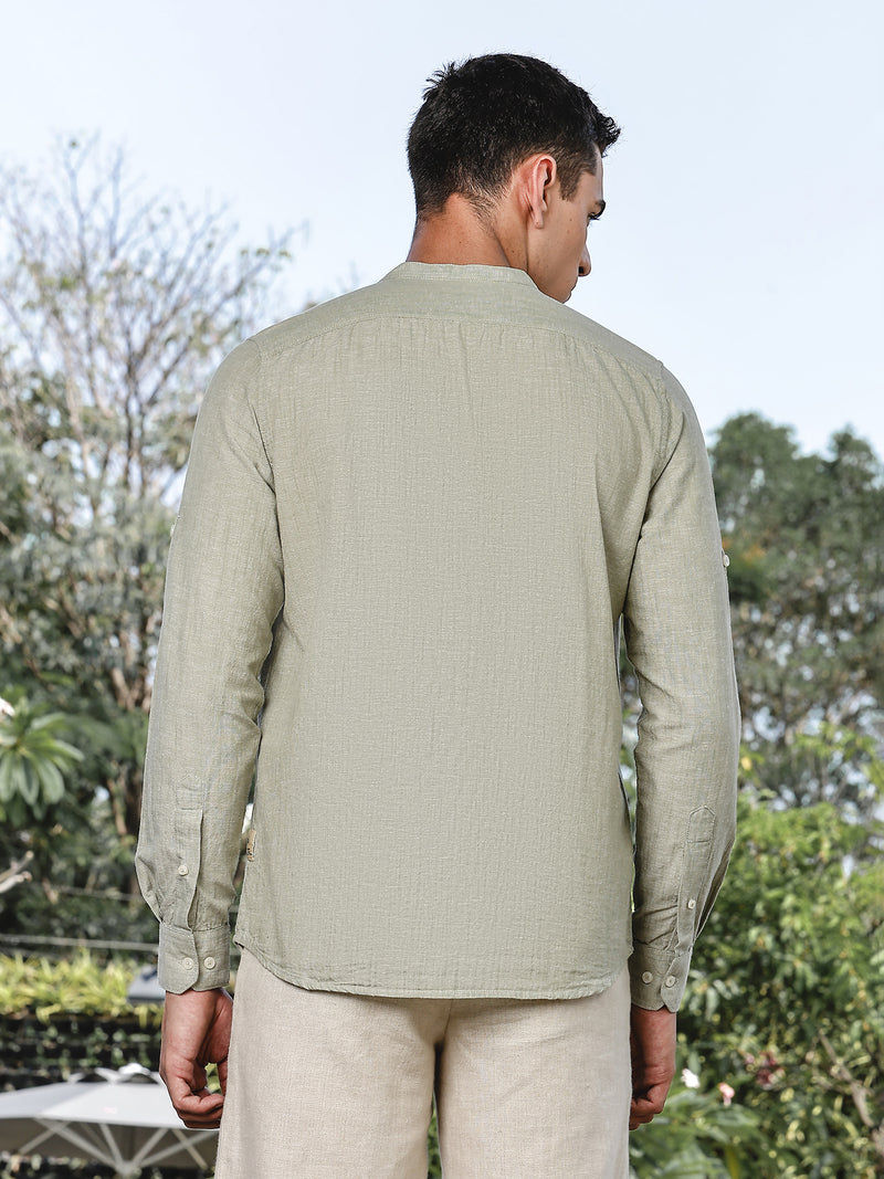 Thomas Scott Men LightOlive Slim Fit Long Sleeves Mandarin Collar Linen Casual Shirt