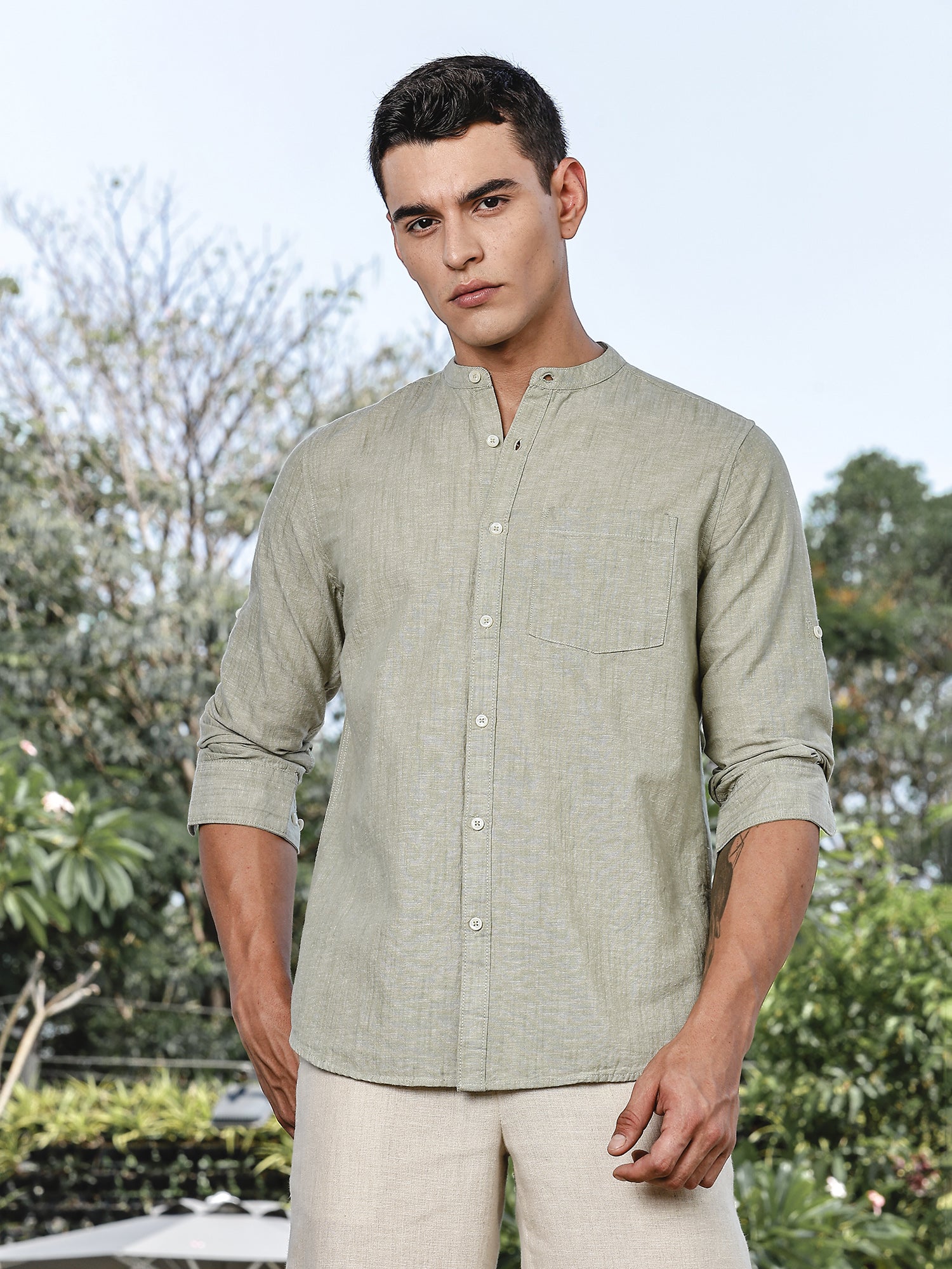 Thomas Scott Men LightOlive Slim Fit Long Sleeves Mandarin Collar Linen Casual Shirt