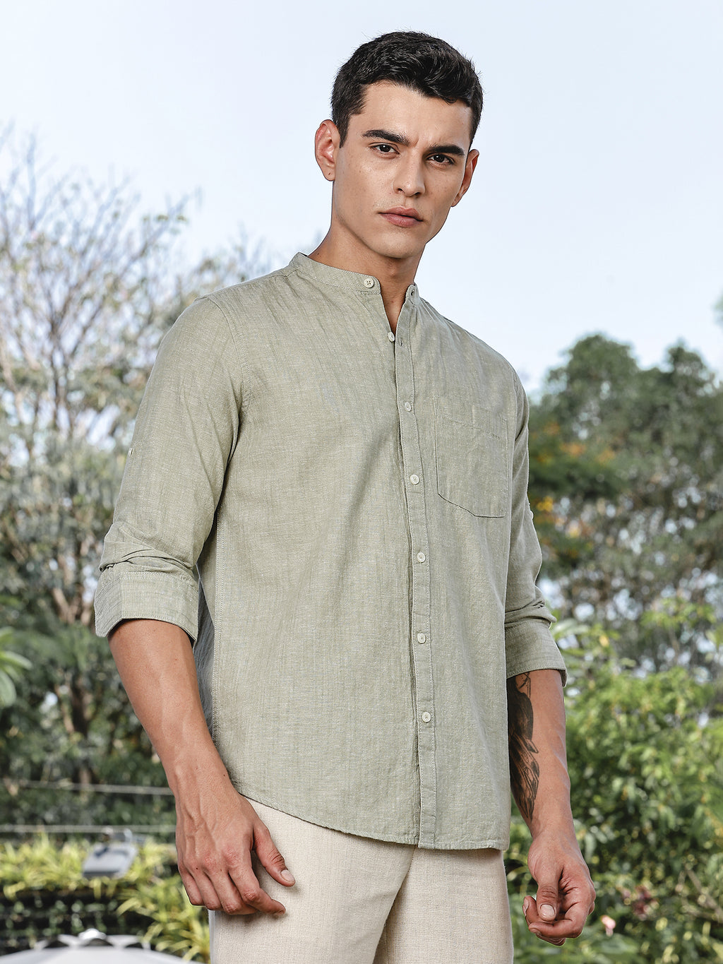 Thomas Scott Men LightOlive Slim Fit Long Sleeves Mandarin Collar Linen Casual Shirt