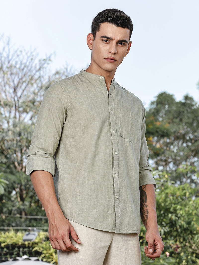 Thomas Scott Men LightOlive Slim Fit Long Sleeves Mandarin Collar Linen Casual Shirt