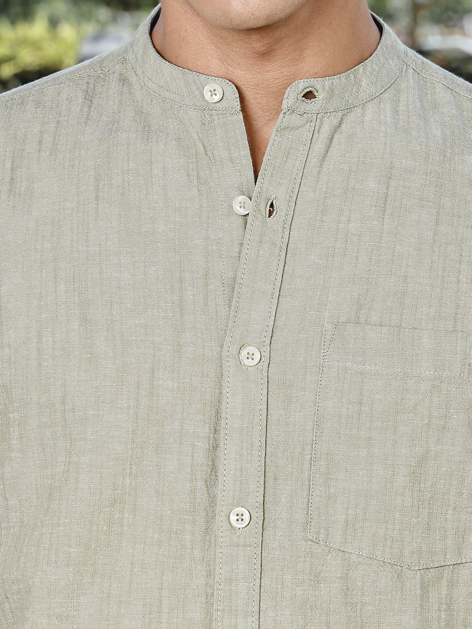 Thomas Scott Men LightOlive Slim Fit Long Sleeves Mandarin Collar Linen Casual Shirt