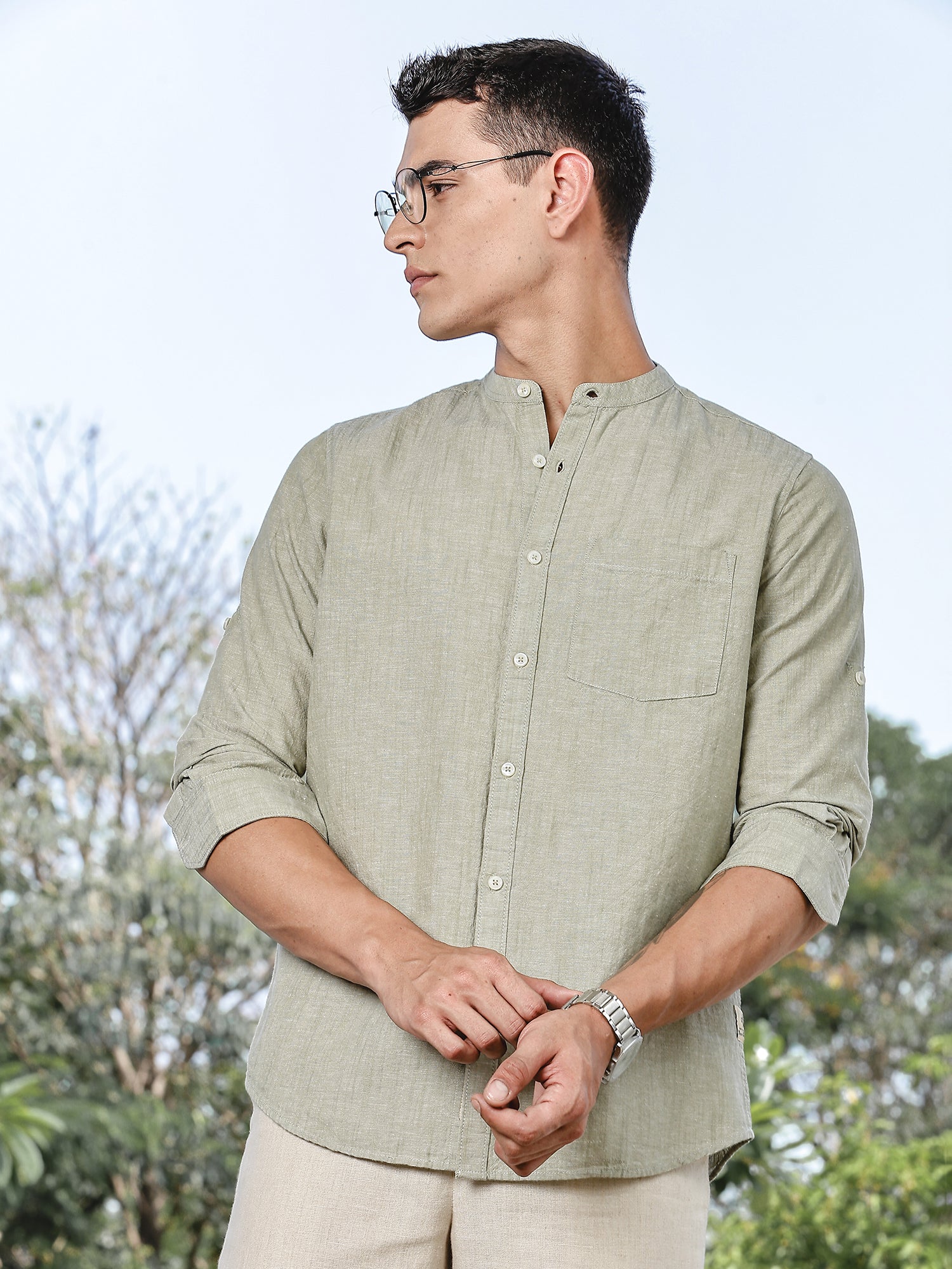Thomas Scott Men LightOlive Slim Fit Long Sleeves Mandarin Collar Linen Casual Shirt