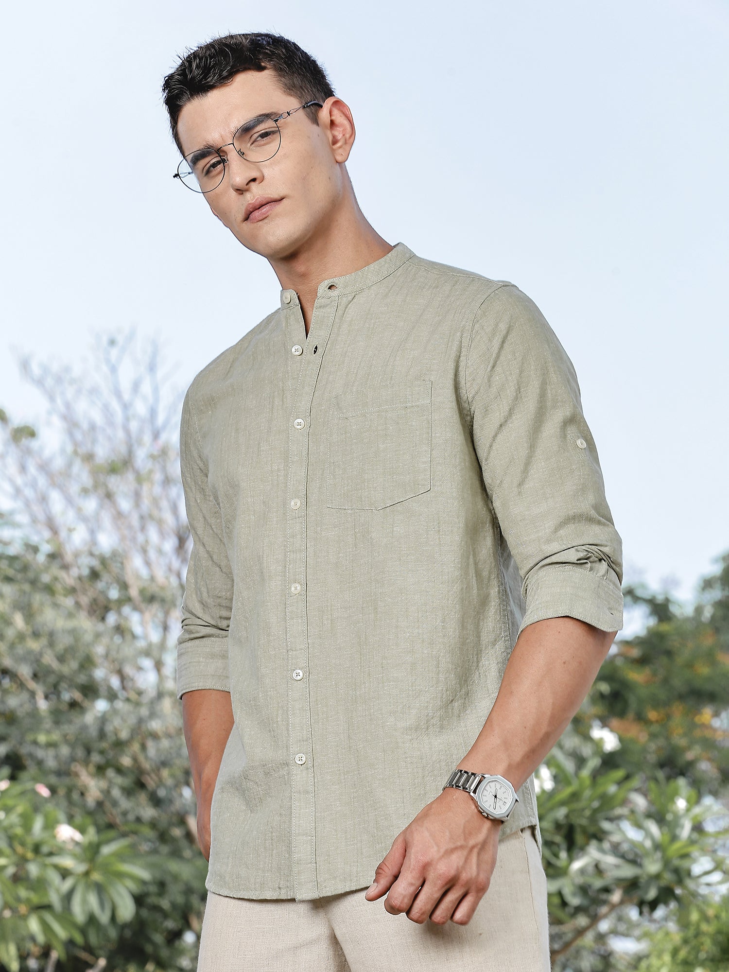 Thomas Scott Men LightOlive Slim Fit Long Sleeves Mandarin Collar Linen Casual Shirt