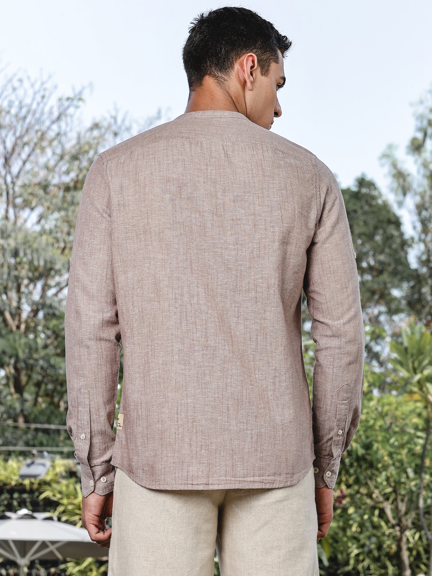 Thomas Scott Men Brown Slim Fit Long Sleeves Mandarin Collar Linen Casual Shirt