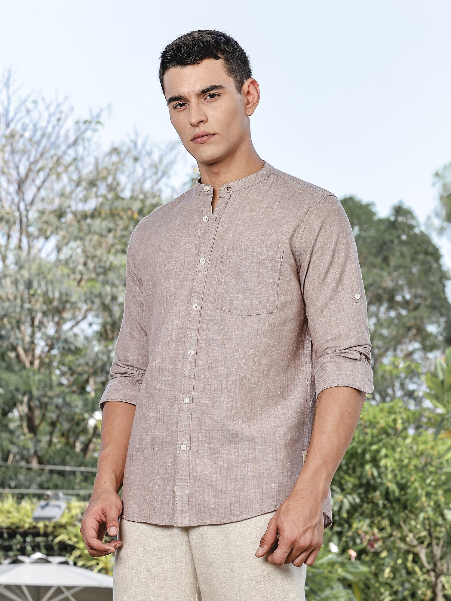 Thomas Scott Men Brown Slim Fit Long Sleeves Mandarin Collar Linen Casual Shirt